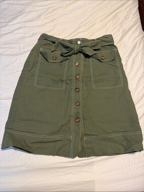 J. Crew Olive Green Button-Front Midi Skirt with Tie Waist
